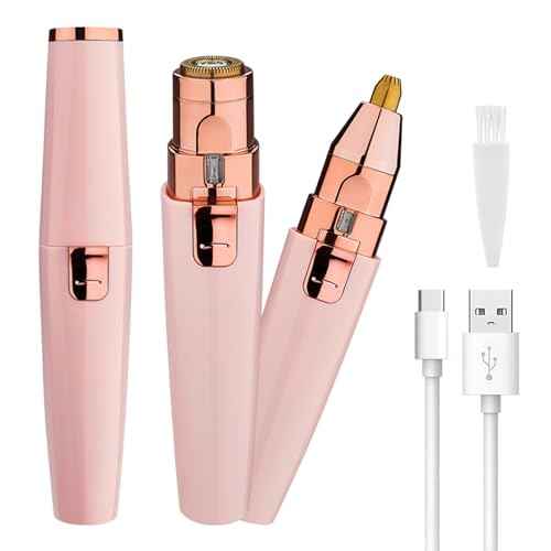 Eyebrow Facial Trimmer for Women - 2 in 1 Rechargeable Face Eye Brow Shaver - Face Remover Peach Fuzz Painless Facial Removal Built-in LED Light for Lips Arm Nose Hair Bikini Line Body (Pink)