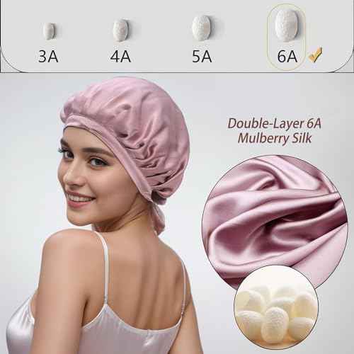 Cocheng 100% Mulberry Silk Bonnet Double-Sided Sleep Cap with Adjustable Ribbon 19 Momme Silk Bonnet for Sleeping (Bean Pink)