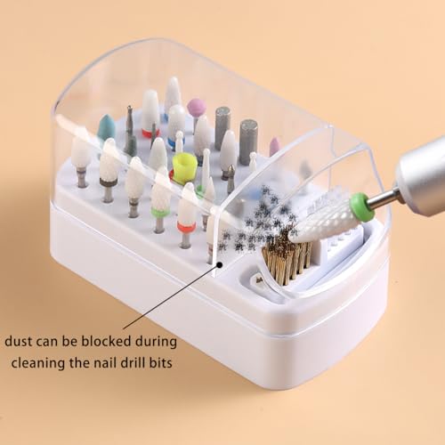 2 in 1 Nail Drill Bit Holder and Nail Drill Bits Cleaner Brush Case, 30 Holes Nail Drill Bits Organizer Display Stand Container Box, Manicure Drill Cleaning Brush, Professional Nail Tools