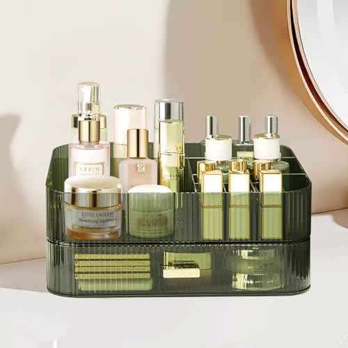 Makeup Organizer with Stackable Drawer, Large Capacity Vanity Organizer for Dresser Bathroom Countertop, Cosmetics Organizer and Display Case for Skincare, Perfume, Makeup Brushes, Lipsticks, Green
