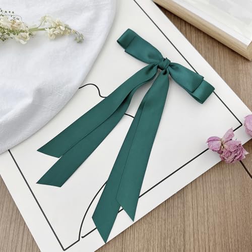 Totelux Green Bow Hair Clips Silky Satin Hair Ribbon Ponytail Holder Hair Bows with Long Tail Bowknot Hair Barrette for Women Girls Hair Accessories 2Pcs