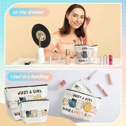 2 Pack Cat Makeup Bags with Zip Just a Girl Who Love Cats Cosmetic Bags Cat Lover Gifts for Daughters, Sisters, Friends, Teen Girl, Women, Ideal Gifts for Travel, Birthdays, Christmas