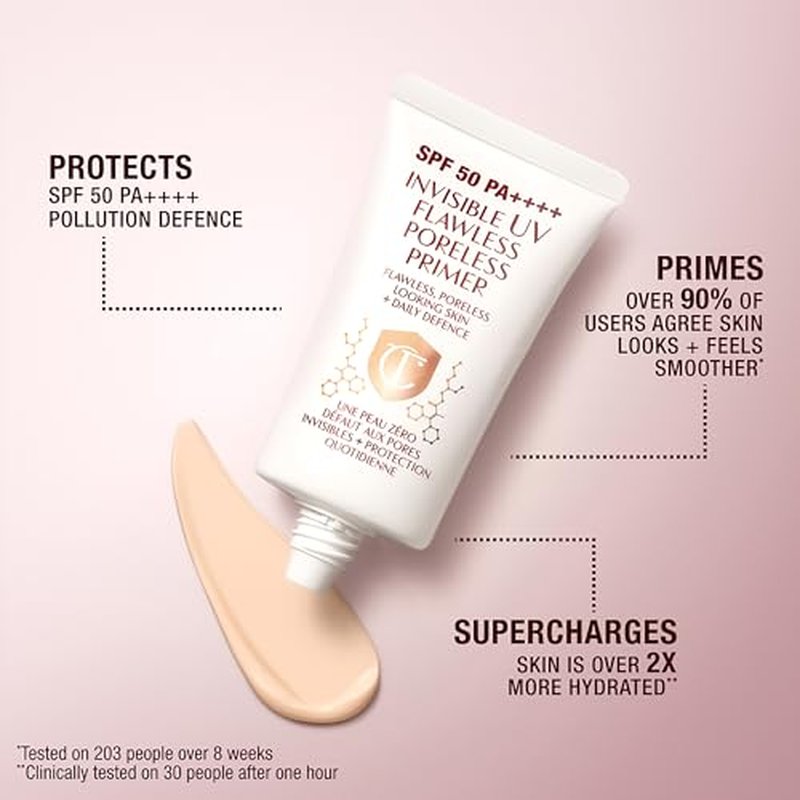 Charlotte Tilbury Invisible UV Flawless Makeup Primer - Broad Spectrum SPF 50 Sunscreen & Poreless Face Primer - Enriched with Hyaluronic Acid to Hydrate, Protect & Prime Skin