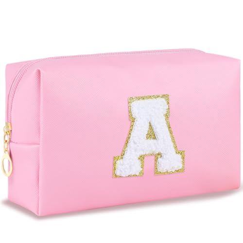 Initial Makeup Bag Personalized Preppy Cosmetic Bag Travel Toiletry Bag Waterproof PU Small Makeup Pouch Bag for Purse Birthday Gift Cute Stuff for Teen Girls Women (Pink A)