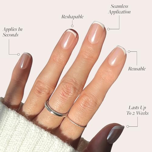 Glamnetic Press On Nails - La Perle | Semi-Transparent Squoval French Tip Nails, Salon Quality | 15 Sizes - 30 Nail Kit with Glue