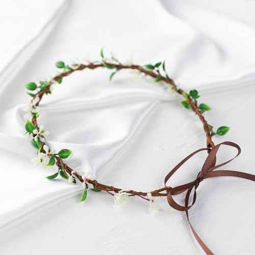 Handmade White Flower Crown Fairy Wreath Women Girls Flower Headband for Bridal Weeding Headdress Fairy Green Leaf Headpiece Cosplay Photo Prop