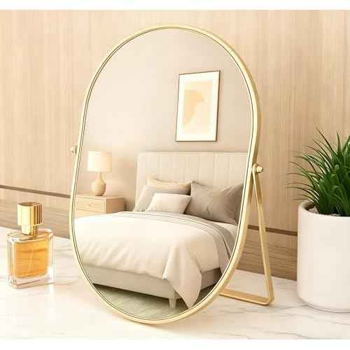 Feyarl Champagne Gold Oval Vanity Mirror 12x8 Inch Vertical Tabletop Makeup Mirror Decorative Standing Cosmetic Mirror for Bedroom Bathroom Desk Dresser