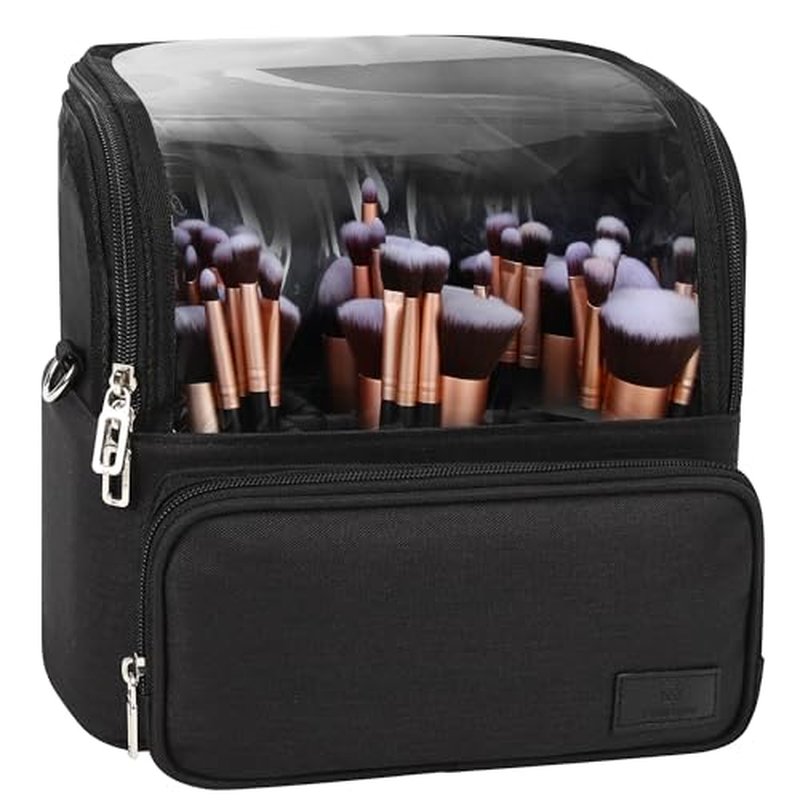 TANTO Makeup Brush Case, Extra Large Stand-up Makeup Cup Travel Makeup Brush Bag Foldable Professional Cosmetic Bags Artist Storage Case with Adjustable Divide&Strap (01A-Black£¨X Large£©)
