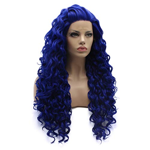 Lushy Long Curly Navy Blue Wig Full Density Half Hand Tied Heat Friendly Synthetic Lace Front Wigs