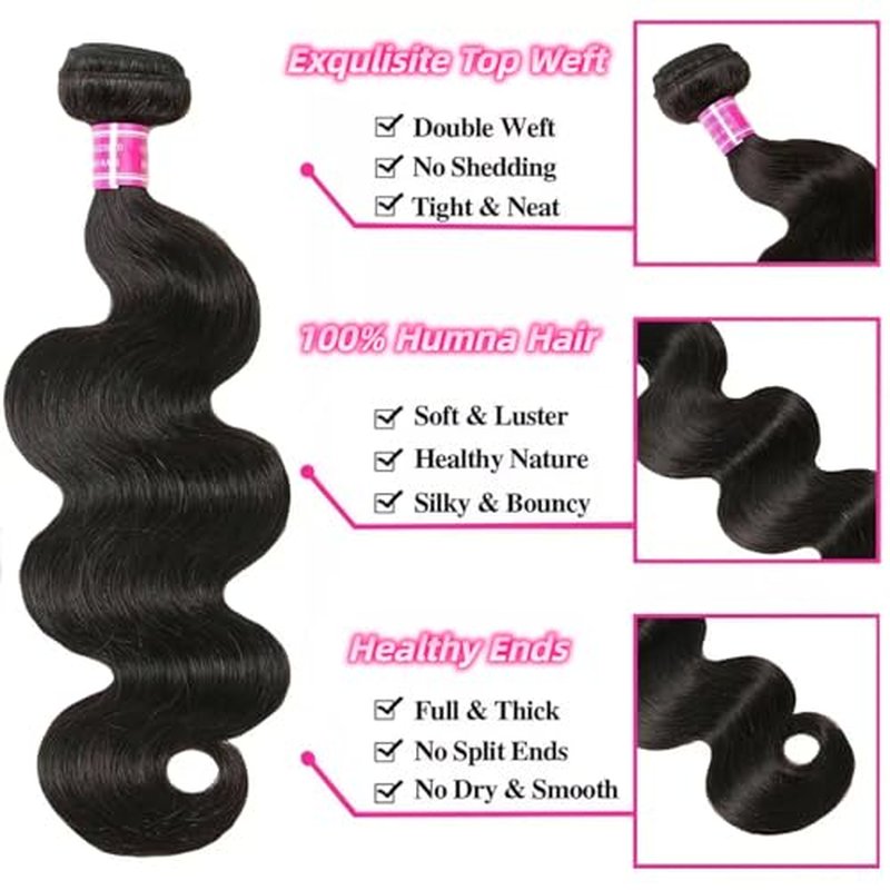 Body Wave Bundles Human Hair 12A Human Hair Bundles 18 20 22 IN 100% Unprocessed Brazilian Virgin Hair 3 Bundles Double Weft Hair Extensions Real Human Hair Natural Black For Woman 18 20 22 IN