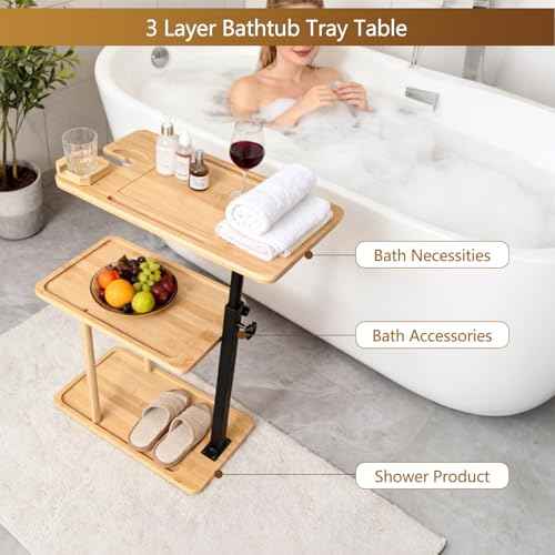 3 Layer Bathtub Tray Table,Bamboo Swivel Bathtub Side Table Height Adjustable,Freestanding Bathtub Tray for Tub Against Wall,Bathtub Accessories&Bathroom Organizer for Luxury Home Spa (Natural1)