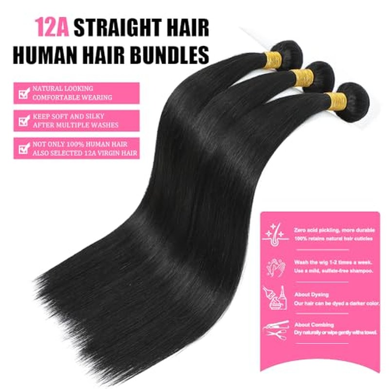 Straight Human Hair Bundles 12A Brazilian Human Hair 3 Bundles 100% Unprocessed Virgin Human Hair Extensions Natural Black Color 20 22 24Inch