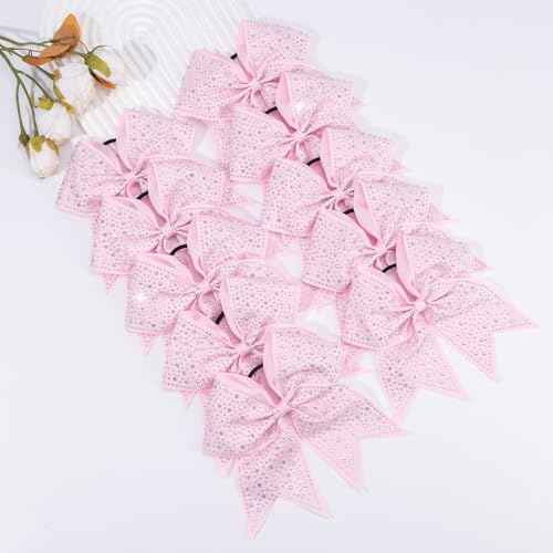 CN 10PCS Rhinestones Cheer Bows for Cheerleaders, Pink Glitter Hair Bows for Girls Large Elastic Ponytail Holder, Hair Accessories for Women Teens for Softball Competition School Spirit