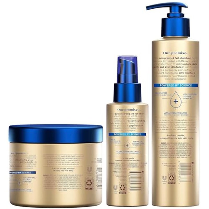 Vaseline Radiant X Skin Care Set ??Even Tone Nourishing Body Lotion with 1% Niacinamide, Deep Nourishment Body Cream with Vitamin C + Hydrating Body Oil with Vitamin E (3 Piece Set)