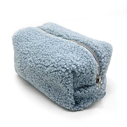 Checkered Makeup Bag, Blue Plush, Fluffy, Zippered, Portable Skincare Storage Bag, Fashionable Cosmetic Bag