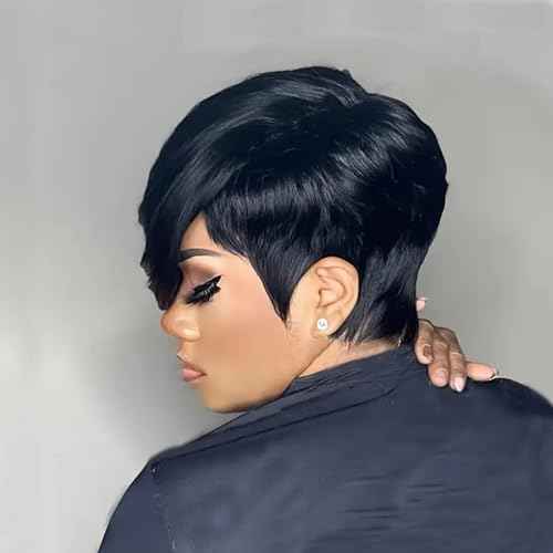 Chic Elegent Pixie Cut Human Hair Wigs for Women Short Layered Pixie Cut Straight Human Hair Wigs With Bangs Natural Black Color Glueless Brazilian Virgin Straight Human Hair Wig (1b)