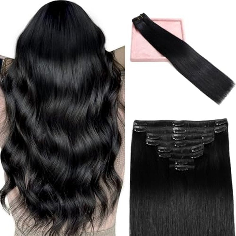 Clip in Hair Extensions Real Human Hair, Remy Human Hair Extensions Clip ins for Women, 100% Natural Human Hair, Double Weftm, 24inch 120g 8Pcs, #1 Jet Black