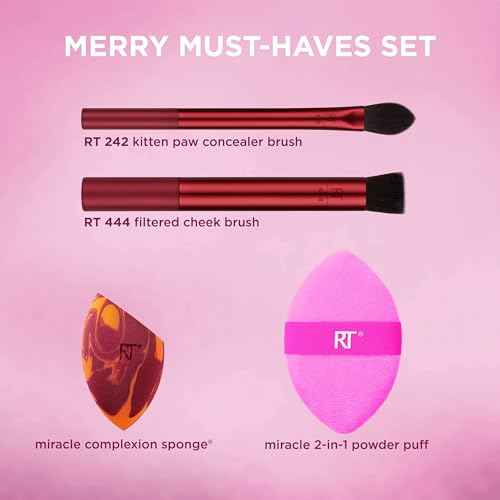 Real Techniques Merry Must-Haves Holiday Gift Set, 4 Piece Brush & Sponge Set for Foundation, Cheeks & Powder, Stocking Stuffer, Gift for Her, Cruelty-Free & Vegan