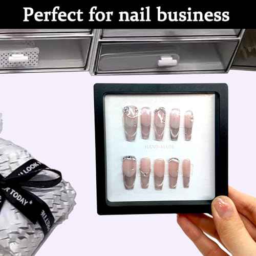Press On Nail Packaging Boxes - 3D Floating Storage and Display Box With 60pcs Double Sided Adhesive Tape for Nail Tech (Black, 4.3 Inch)