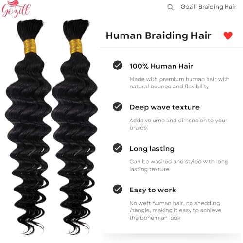 Deep Wave Human Braiding Hair for Boho Braids 1b Black Curly Human Hair Bundles for Braiding 2 Bundles/Pack 22Inch