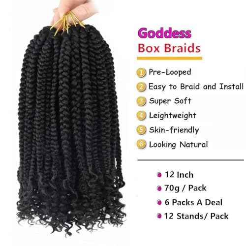 Layashow 12 Inch Crochet Box Braids Curly Ends 6 Packs Bohemian Box Braids Crochet Braid Hair for Black Women (1B, 12 Inch)