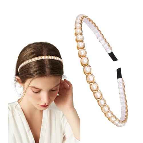 YARN & INK Women's Pearls Headbands Fashion Beaded Metal Headband, Vintage Hair Accessories Non Slip for Women Girls Christmas Gift (Pearls Line)