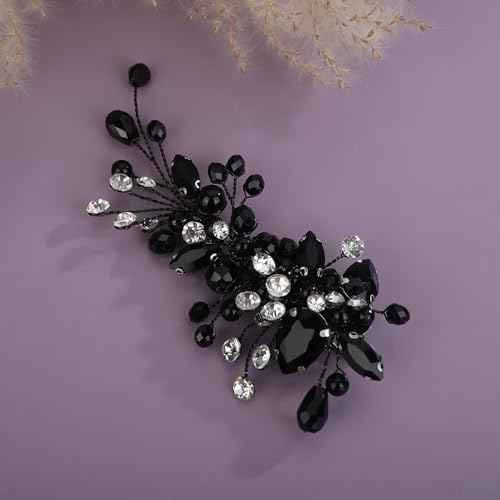 Teyglen Bridal Rhinestone Hair Clip Black Pearl Crystal Hair Barrette Sparkly Hair Piece Wedding Hair Clips Hair Accessories Jewelry for Women (Black)