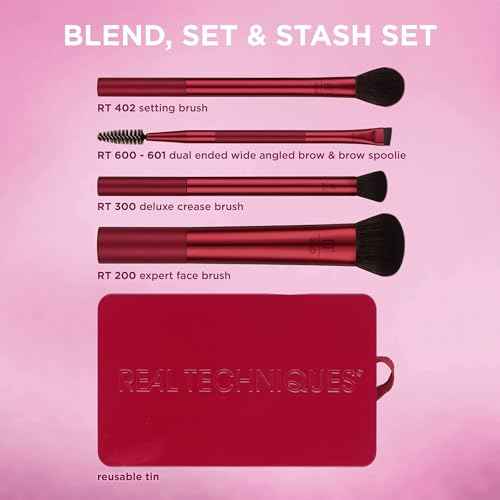 Real Techniques Blend, Set + Stash 5 Piece Holiday Makeup Brush Set with Storage Tin, Face & Eye Brushes for Foundation, Powder, Brows & Eyeshadow, Gift for Her, Cruelty-Free & Vegan