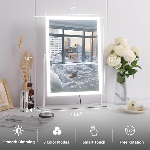 VANITII Vanity Mirror with Lights 12¡±x16¡± Hollywood Makeup Mirror with 10X Magnification and Free Rotation Dimmable 3 Color Modes Smart Touch LED Mirror