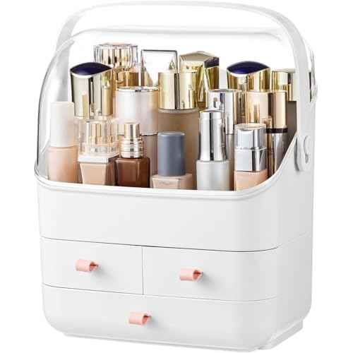 HBlife Makeup Organizer, Waterproof & Dustproof Cosmetic Storage, Fully Open Lid Makeup Display Box, Skincare Organizer for Bathroom Countertop Vanity, White