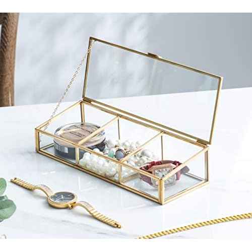Golden Vintage Glass Lidded Box Clear Glass & Brass Metal Storage Jewelry and Cosmetic Makeup Organizer with Lid Beauty Display, Rectangle with 3 Compartment