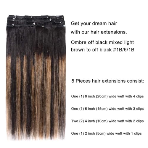 5 Pieces 14" Remy Clip in Hair Extensions Human Hair Natural Black to Chestnut Brown Highlight Black Ombre - Silky Straight Short Thick Real Hair Extensions for Women (14 inches, #(1BT6) P1B, 70grams)