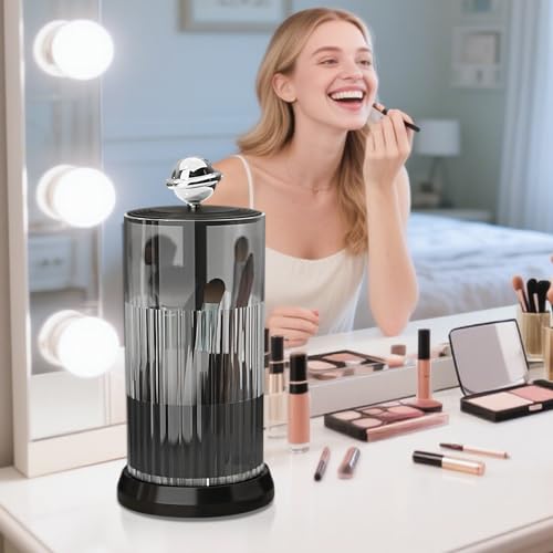 Makeup Brush Holder with Lid,One Touch Open 4 Slot Makeup Brush Case with Waterproof Dustproof, 360 Rotating Makeup Organizer for Vanity Desktop Counterto Bathroom (Black)