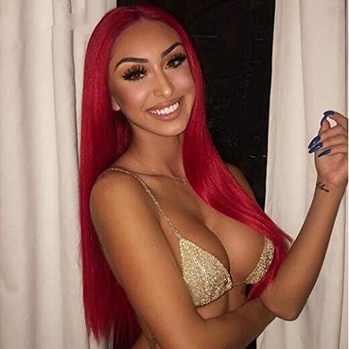 KRN Red Color Brazillian Virgin Human Hair Silky Straight 130% Density Lace Front Wigs Pre-Plucked Hairline Full Lace Wig with Baby Hair for Women (18 Inch, Lace Front Wig)