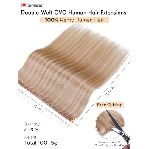 WIGNEE Double layer PU OVO Strawberry Highlight Blonde Weft Hair Extensions Human Hair with Beads 100% Real Remy Human Hair Extensions Glueless 12 Inch Weft(18/613)