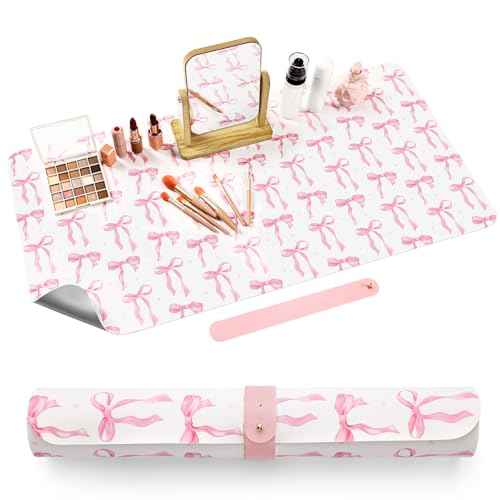 Coquette Bow Makeup Mat for Vanity Top Protector, Dual Sided Leather Vanity Waterproof Desk Pad Dressing Blotter Mat Nonstick for Women Home Office Decor Work(Pink,15.7" X 31.5")