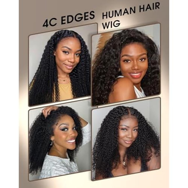 MENTOR 4C Edges Lace Front Wig Kinky Curly Human Hair 13x4 Lace Frontal Curly Wigs Kinky Edges Pre-Plucked 180% Density 16 inch