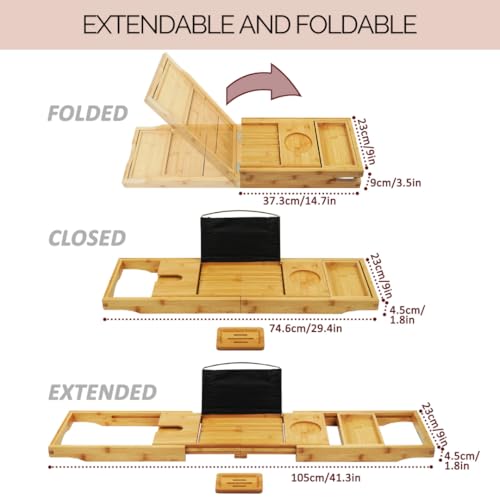 Foldable Bamboo Bathtub Tray Caddy - Expandable Bath Tray for Tub | Secure, Non-Slip Bathtub Caddy Tray for Tub for Bath Accessories, Bath Stuff ? Perfect Relaxing Gifts for Women and Spa Gift Set