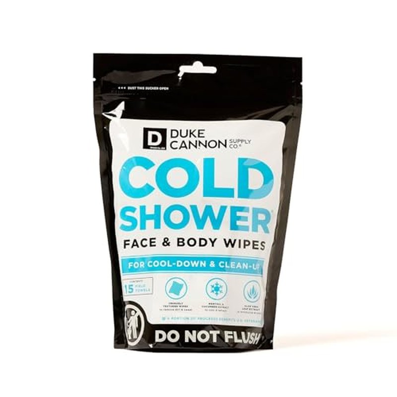 Duke Cannon Cold Shower Cooling Field Towels ? Menthol Body Wipes for Men, No Rinse Face & Body Cleansing Wipes, 15 Individually Wrapped Towels (3 Pack)