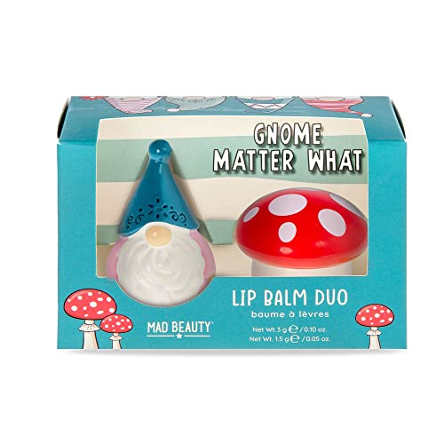 MAD BEAUTY Gnome Matter What Lip Balm Duo 2-Pack, Gnome & Toadstool Lip Balm Pots, Classic Vanilla & Cherry, Moisturize & Hydrate for Soft Fresh Lips, Great Gift, Funny, Cute