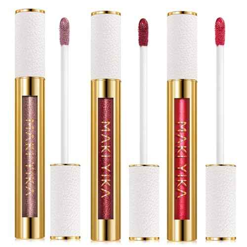 MAKI YIKA 3Pc Metallic Lipstick Long Lasting Nude Pink Red Glitter Lipsticks High Shine Lipstick No Smudge No Transfer Liquid Lip Gloss (Nude/Pink/Red)