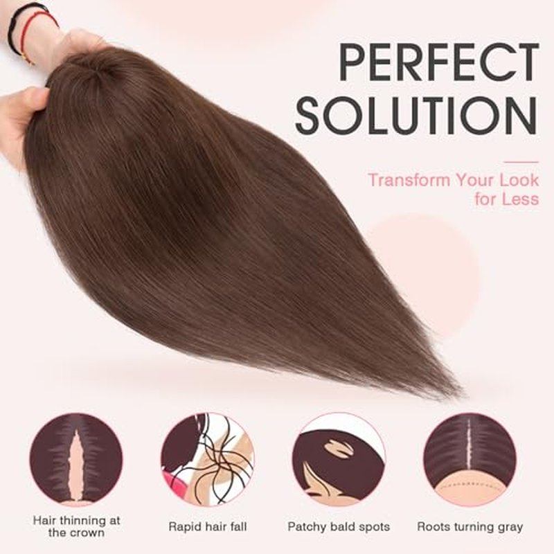 TESS Real Human Hair Topper, 10 Inch Medium Brown, 150% Density, Straight, Female, Hairpieces, Wig