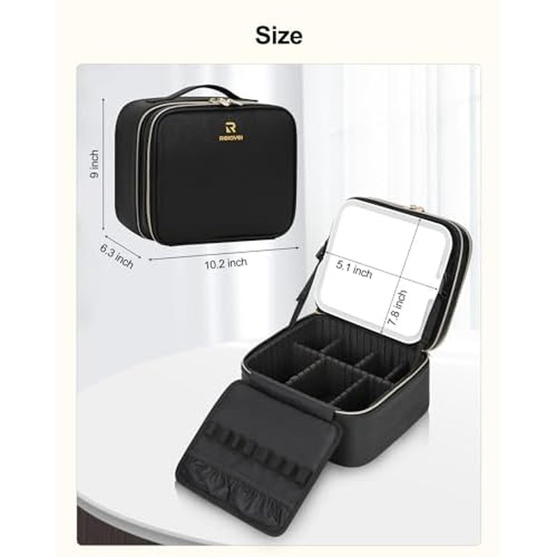 TANTO Travel Makeup Bag with LED Mirror Double Layer Makeup Case with Lighted Mirror Dual Layer Cosmetic Train Case Portable Artist Organizer Bag with Dividers and Rechargeable Vanity (Black, Small)
