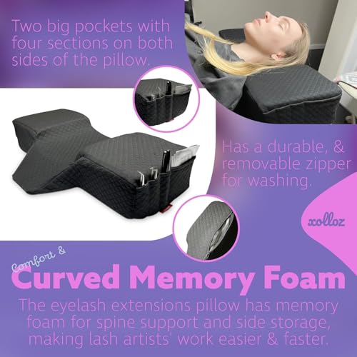 Lash Pillow for Eyelash Extensions - Curved Memory Foam Bed Pillow, Ergonomic Head Rest with Neck Support, Side Pockets for Tools, Fits Lash Beds for Tech ? Black