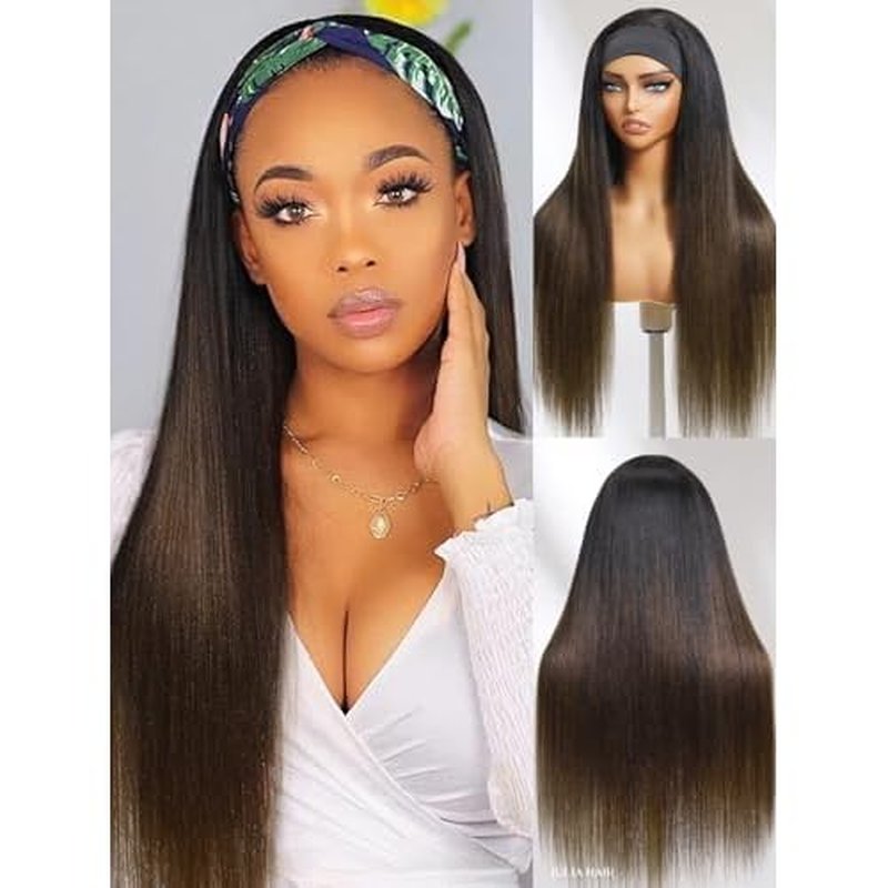 Julia Hair 12A Headband Wig Human Hair Yaki Straight Glueless None Lace Half Wig With Pre-attached Scarf Ombre Chestnut Brown Highlight With Dark Roots for Black Women Put on and Go 20 Inch
