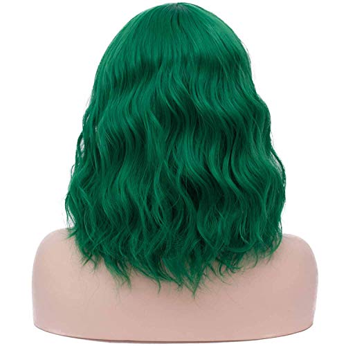 Mildiso Dark Green Wigs for Women Short Curly Wavy Bob Wig with Bangs Cute Synthetic Wig for Daily Party M073