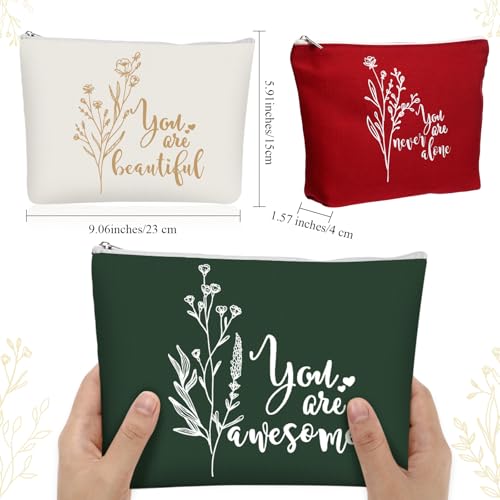 Coume 10 Pcs Boho Flower Canvas Makeup Bags Bulk, Christmas Aesthetic Inspirational Quotes Cosmetic Zipper Encouragement Travel Pouch Toiletry Bag Women Teacher Friend Birthday Gift