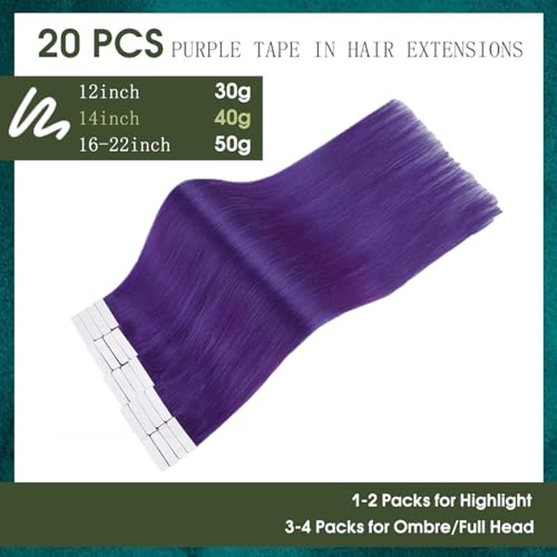 RUNATURE Purple Hair Extensions Real Human Hair, Tape in Hair Extensions, Easy to Apply, 22 Inch Seamless Tape in Colored Hair for Kids Highlight Party, Straight Remy Hair, 50g 20 pcs