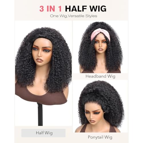 Kinky Curly Half Wig Human Hair 210 Density 3 In 1 Seamless Flip Over Half Wigs Glueless Kinky Curly Wigs Human Hair Beginner Friendly 360 Degree Flexi-fit Drawstring Headband Wig for Women 16 Inch