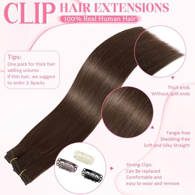 Clip in Hair Extensions Real Human Hair 4.3oz/120g Clip ins 100% Brazilian Remy Human Hair Extension for Women 8pcs Per Set with 18 Clips Double Weft (24 Inch #4 Chocolate Brown)